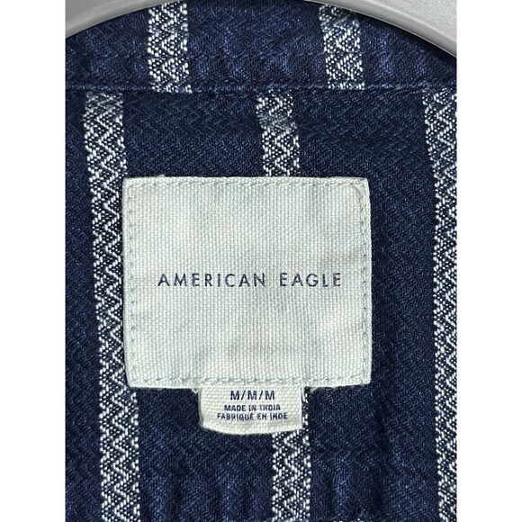 American Eagle Button Up Shirt Short Sleeve Blue Striped Mens Medium Casual Fit - Picture 3 of 4